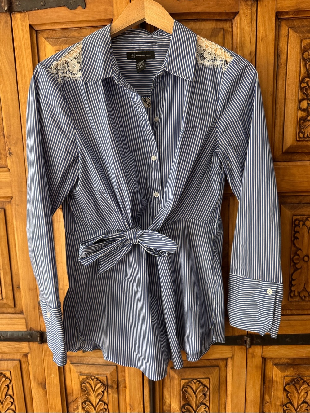 Striped Blue Tie-Front Women's Shirt with Lace Shoulders